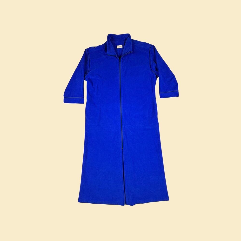 1970s L Vanity Fair nightgown robe, blue/black velour USA vintage womens pajamas